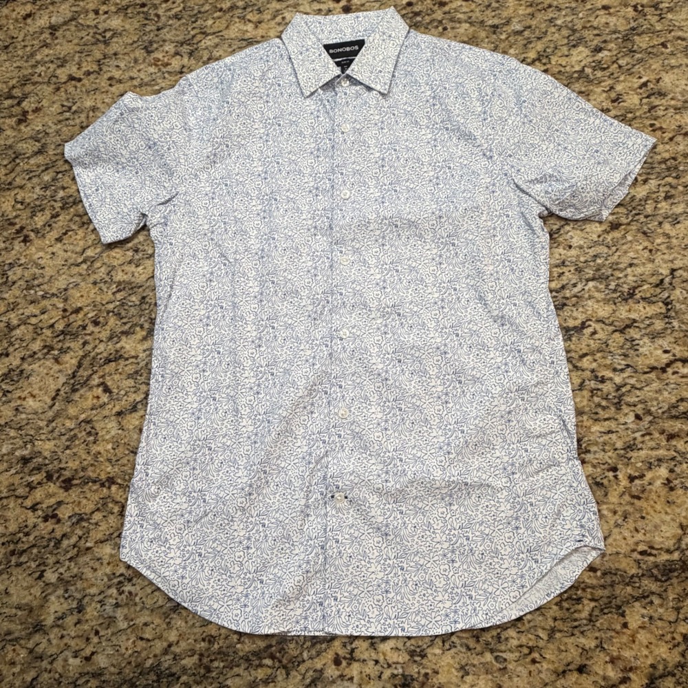 Bonobos Mens Slim Fit Short Sleeve Floral Button Down Shirt Blue White Size M ws